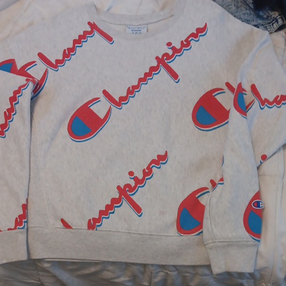Champion Reverse Weave All Over Print Gray Crewneck with Red and Blue Accents